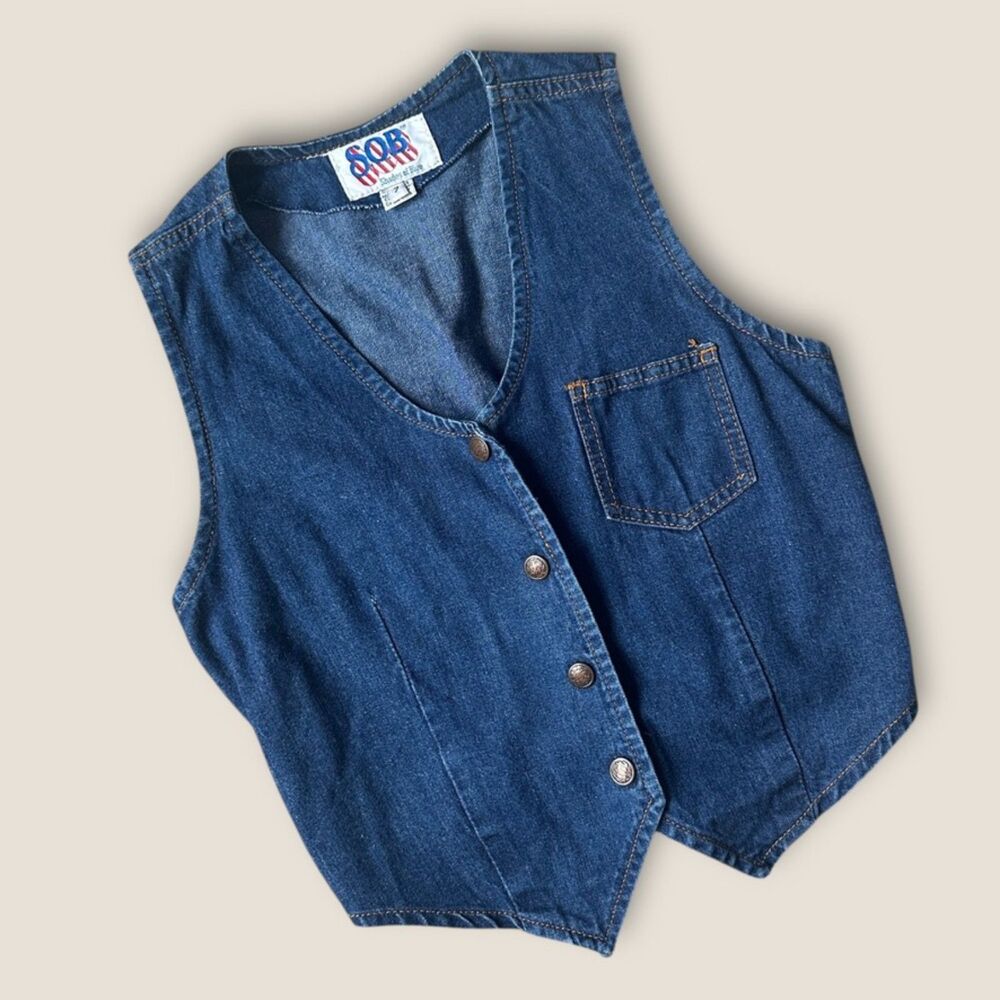 Vintage 1970s Denim Vest SOB Shades of Blue | Elastic Back | XS S